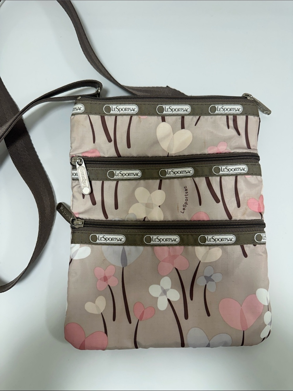 LeSportsac Pink Floral 3-Zip Crossbody Bag